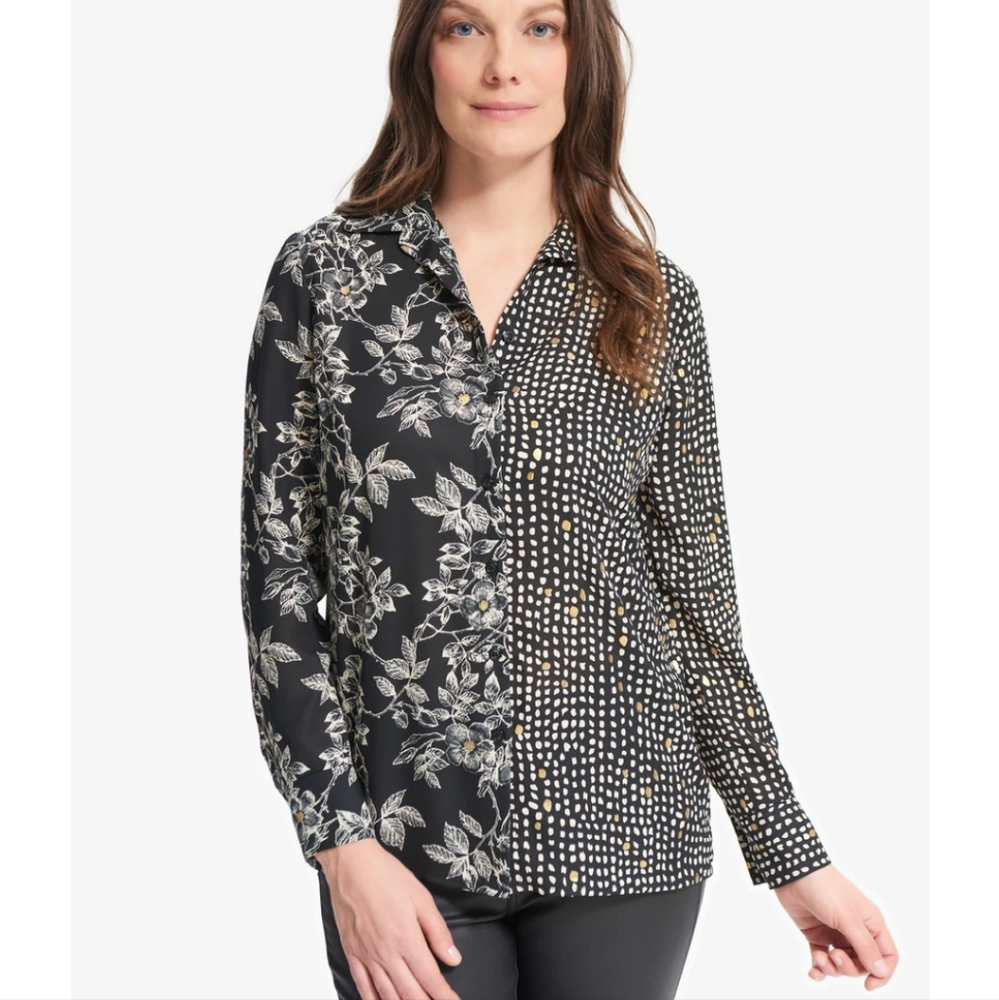 Joseph Ribkoff Blouse Top Button Front Long Sleeves Mixed Print SZ 14